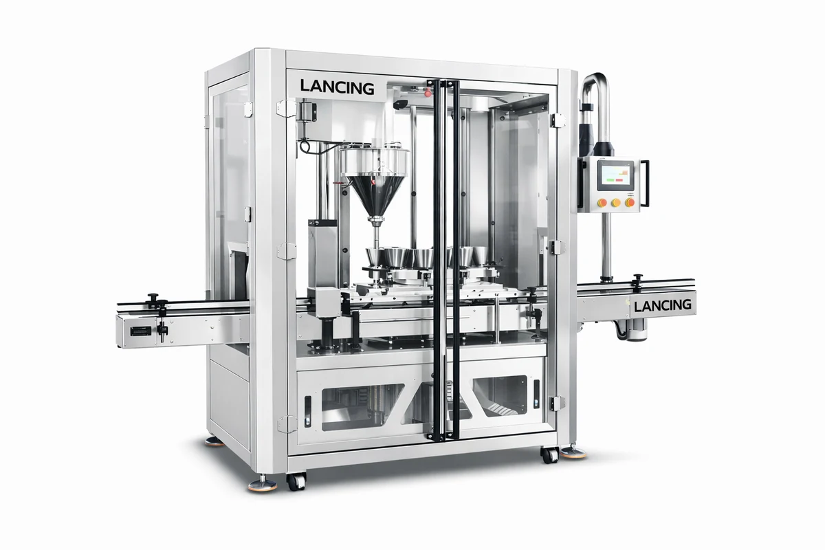 Automatic rotary auger filling machine with guard and conveyor for powder filling lines